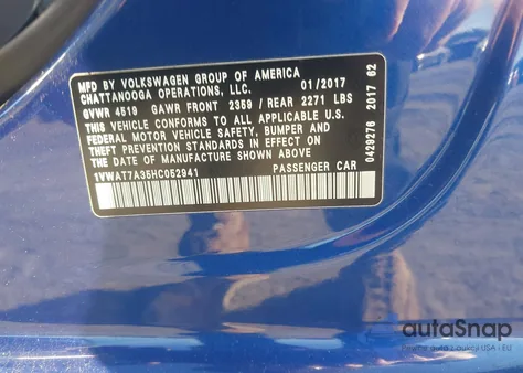 2017 Volkswagen Passat S from USA, damaged, VIN 1VWAT7A35HC052941